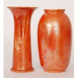 Two 1920s Ruskin Pottery vases, the first of lily form, the second of swollen barrel form,
