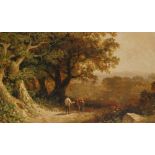 ENGLISH SCHOOL, LATE 19TH CENTURY - Figures in conversation on a woodland path, oil on board,