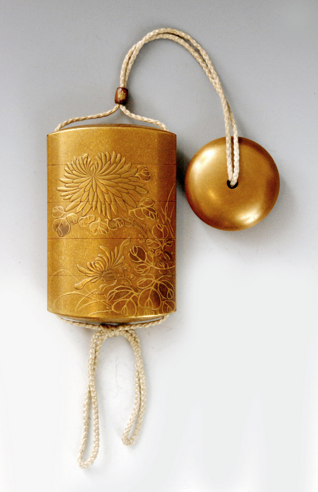 A late 19th Century four case inro the nashiji gold ground decorated in gold takamakie with bold - Image 2 of 9