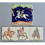 Rosalind Ord - Packard and Ord - Three 4in dust pressed tiles decorated with hand painted scenes