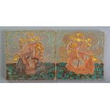 De Porcelyn Fles - Two 1920s 8in plastic clay tiles each decorated with a tubelined galleon in full