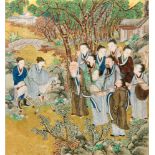 A late 19th and early 20th Century Chinese watercolour panel depicting figures in a landscape in