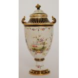 A late 19th Century Royal Crown Derby pedestal vase and cover decorated with hand painted birds and