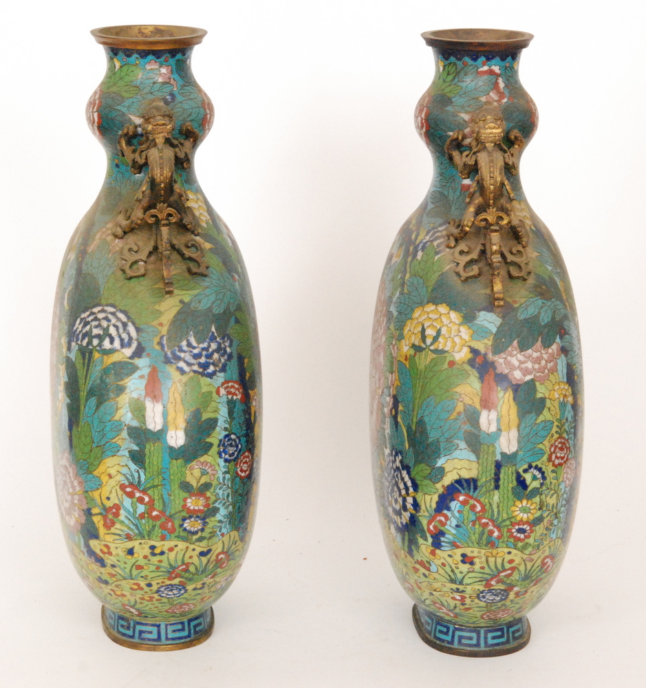 A pair of 19th Century cloisonné vases of archaic hu form each decorated with a central - Image 5 of 13
