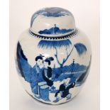 A late 19th Century Chinese ginger jar and cover decorated in blue and white with two hand painted