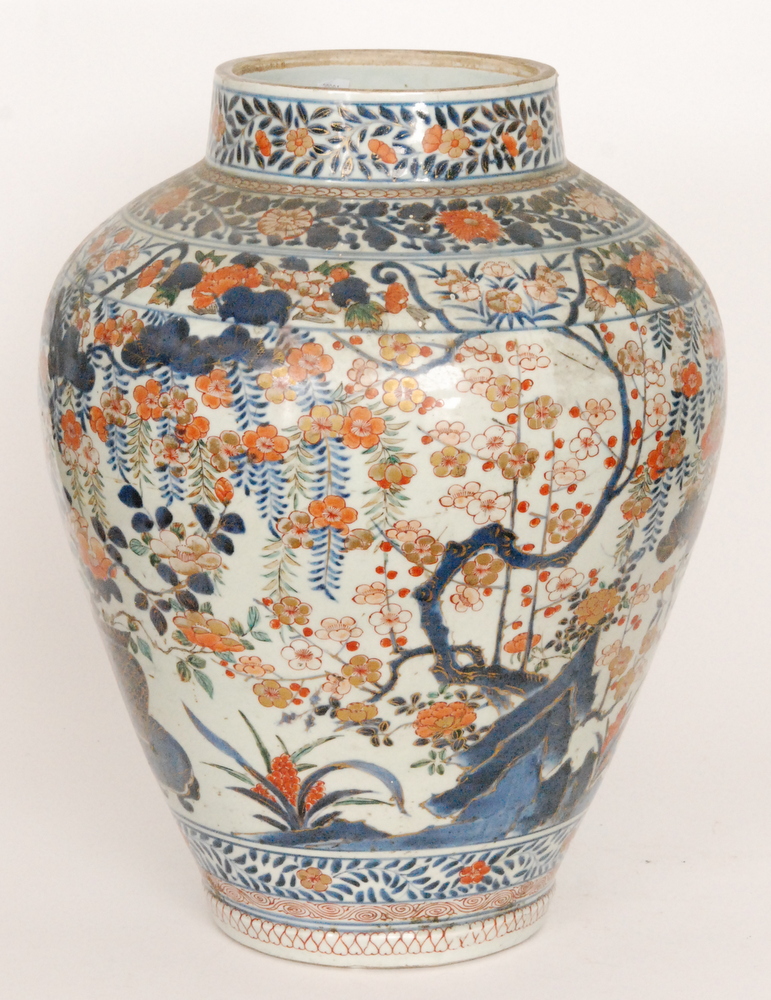 A large late 19th Century Japanese floor vase decorated in the Imari palette with bands of flowers - Image 4 of 8