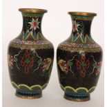 A pair of early 20th Century Chinese Cloisonne ovoid vases each with green stylised dragon chasing