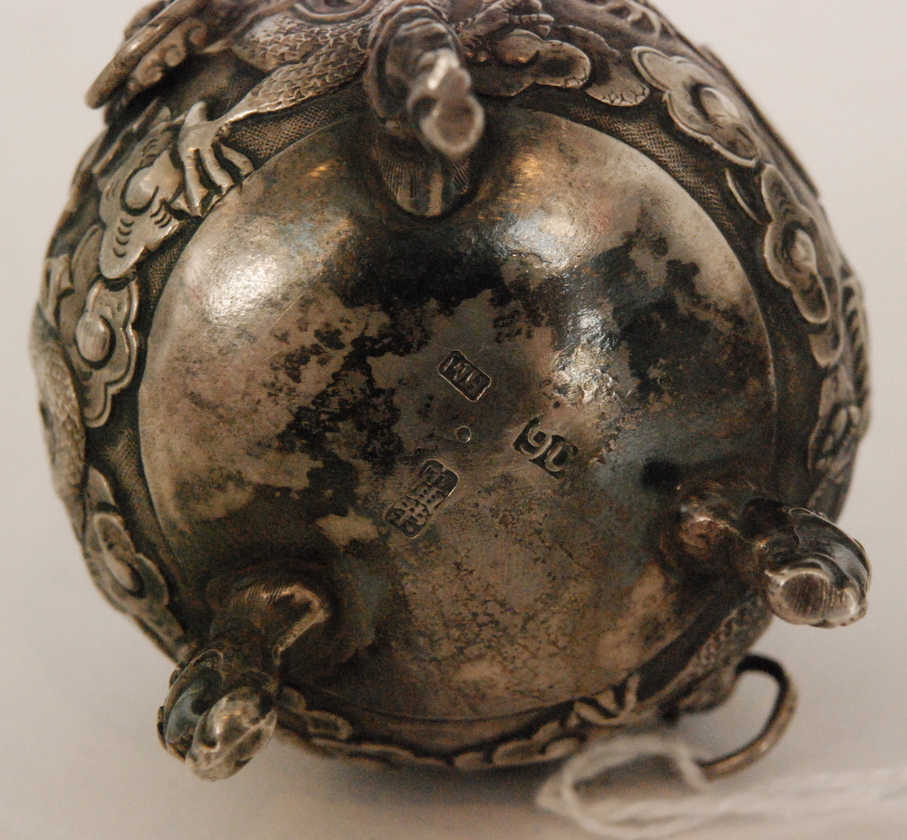 A late 19th Century Chinese silver salt of cauldron form with baluster body on three dragon feet - Image 6 of 6