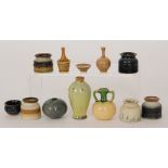 Five assorted post war Lyby Stengods Swedish studio pottery miniature vases decorated with coloured