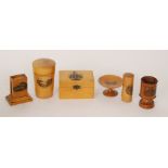 Six pieces of 19th Century Mauchline Ware comprising a cylindrical box and cover (lacking its