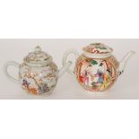 Two 19th Century globular teapots each decorated with enamel Chinoiserie scenes of women in