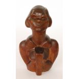 A carved wooden bust figure of a woman holding a book, possibly Austrian, height 26.5cm.