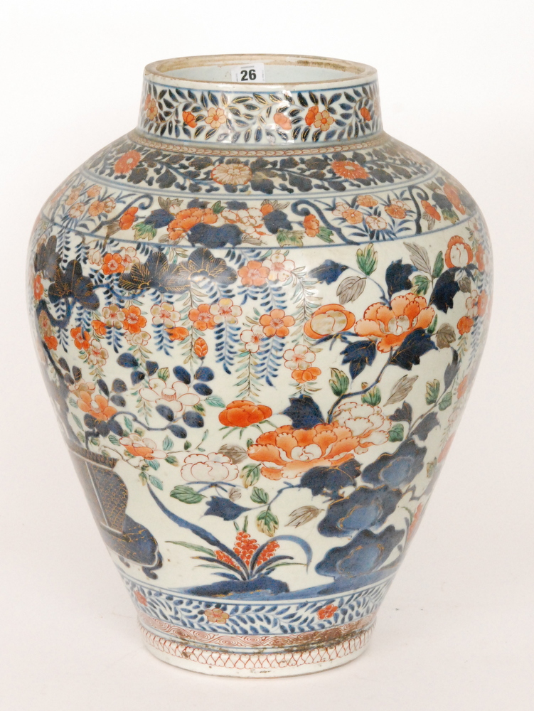 A large late 19th Century Japanese floor vase decorated in the Imari palette with bands of flowers - Image 2 of 8