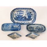 Five assorted 19th Century blue and white dishes comprising a small 'Semi China' meat plate