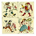 Unknown - Four 1950s 6in dust pressed tiles decorated with hand painted nursery rhyme characters