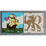 Gray's Pottery - A post war 6in dust pressed tile decorated with a silver lustre lion after a