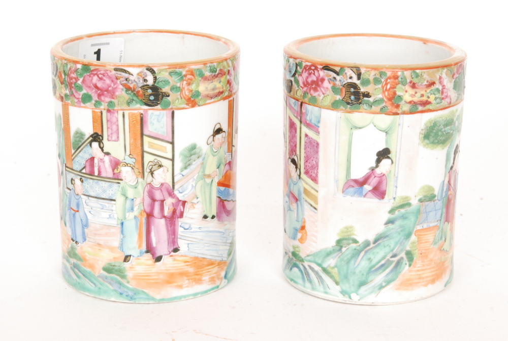 A pair of Chinese Qing Dynasty early 19th Century famille rose brush pots both hand painted with - Image 3 of 7