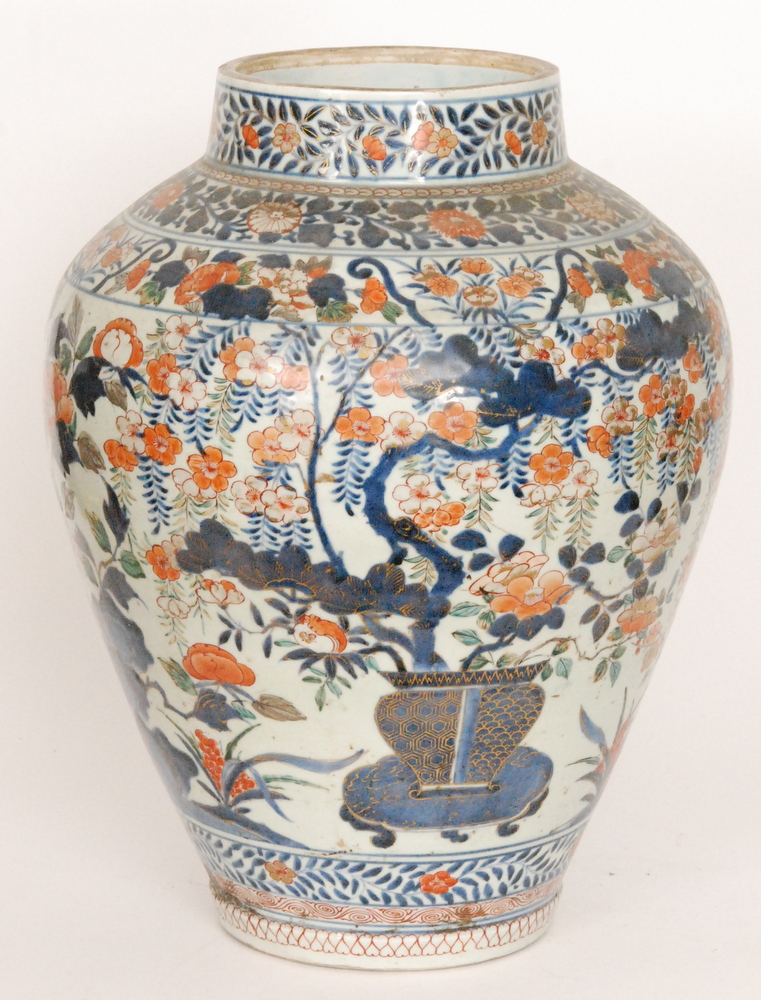 A large late 19th Century Japanese floor vase decorated in the Imari palette with bands of flowers - Image 3 of 8