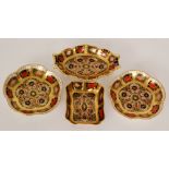 Four assorted Royal Crown Derby Imari 1128 pattern pin dishes comprising a rectangular example