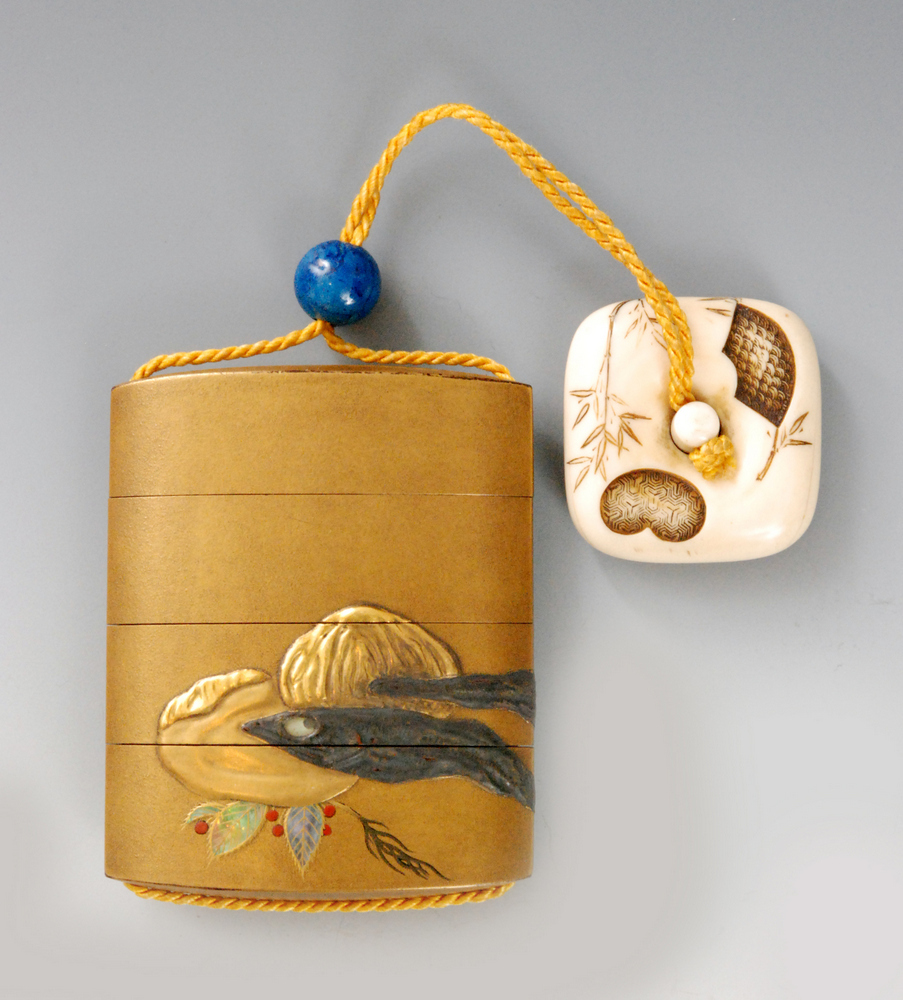 A late 19th Century tree case inro the gold ishime ground with takamakie chestnuts and dried fish - Image 2 of 6