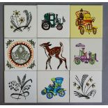 Carter & Co - Nine assorted 1960s 6in dust pressed series ware tiles to include Veteran Cars by