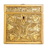 A George III rectangular curled paper tea caddy, the hinged cover mounted silvered pierced handle,