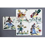 Unknown - Five assorted 1950s 6in dust pressed tiles each decorated with a hand painted