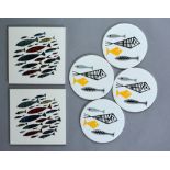 Unknown - Six assorted 1960s dust pressed tiles each decorated with screen printed fish designs,