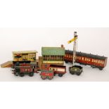A Hornby O gauge LMS tank locomotive N2270 together with various passenger coaches, a signal box,