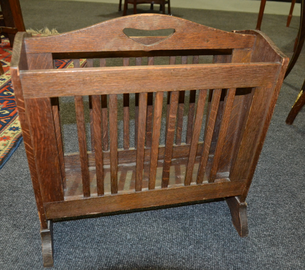 A Liberty style oak magazine rack with slatted sides and shaped ends, - Image 2 of 3