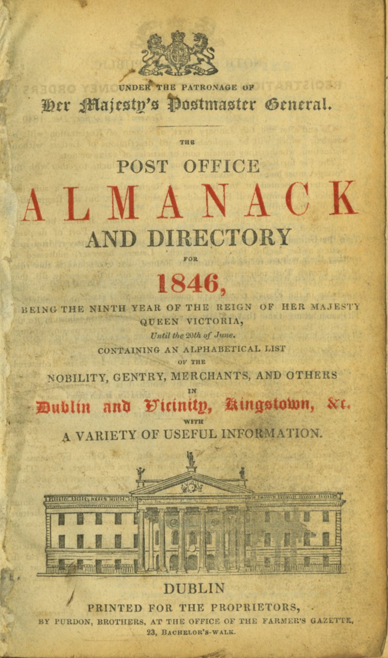 Directory: The Post Office Almanack and Directory for 1846, sm. 8vo D. (Purdon Bros.) 1846.