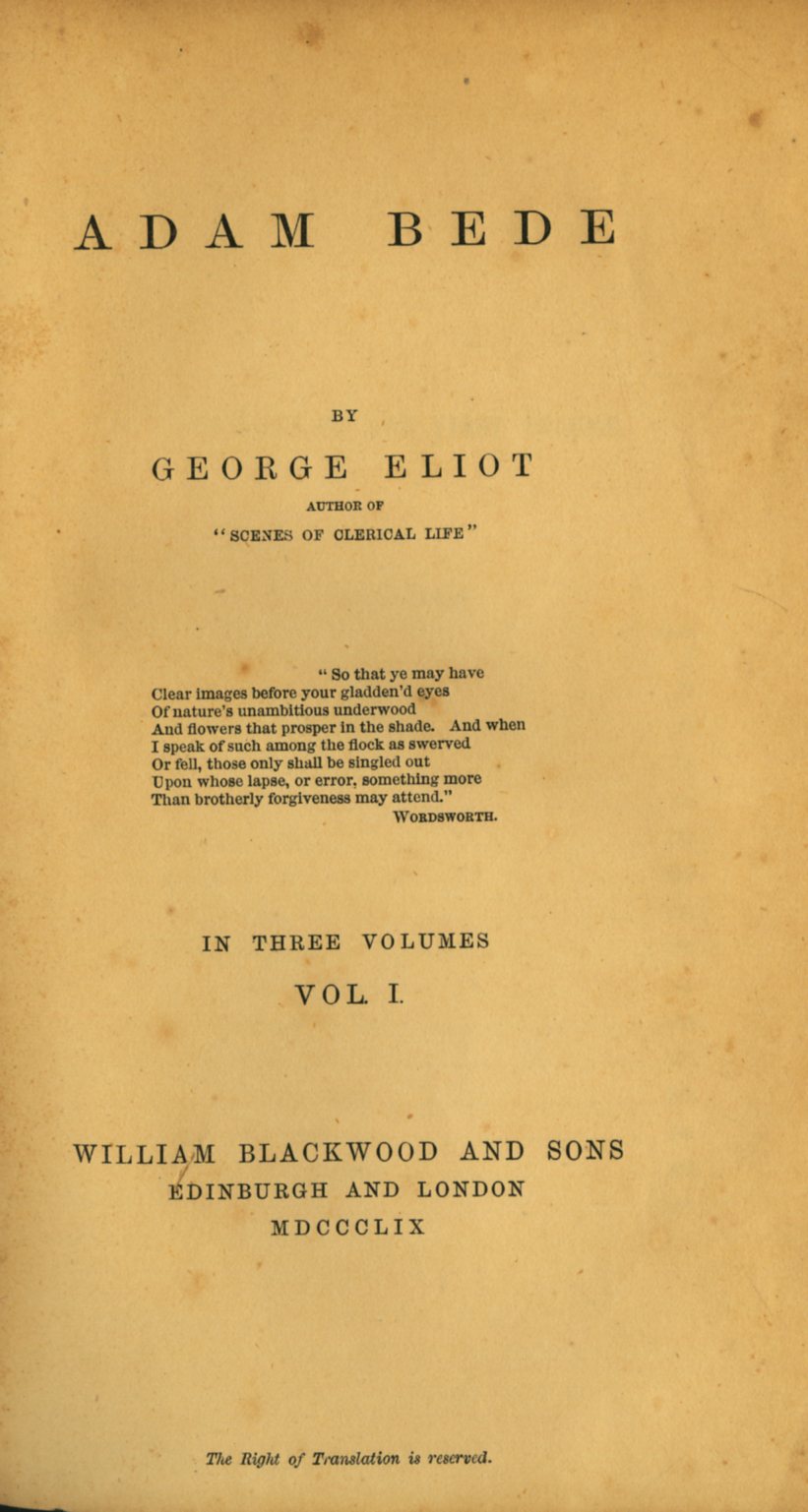 Rare First Edition [Evans (Mary Anne)] 'George Eliot' Adam Bede, 3 vols. 8vo Edin. & L. (Wm.