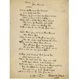 Joyce (Robert Dwyer) Song from Blanid, an original m/ss three Verse Poem, Signed, as a m/ss., w.a.f.