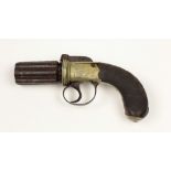 A six shot Pepperbox Pistol, by Manton, London with engraved white metal frame and chequered grip,