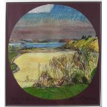 Brian Bourke 1982 "View on The Corrib," a tondo watercolour, approx. 19" x 17 1/4" (48cms x 44.