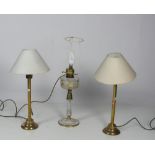 An unusual brass and gilded glass Table Oil Lamp (converted), with shade,