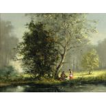 Gudrun Gibbons, German School "Fishermen and Maid by Riverside in a Wooded Landscape," approx.