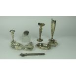 Three small silver Vases, a silver Frame, a pair of small oval silver Dishes,