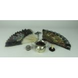 An Edwardian Hair Pin, decorated flowers and fish in turquoise; two old hand held Fans,