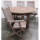 A fine quality ciruclar latted wooden Patio Garden Table, with four matching Chairs, by Westminster.