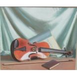 R. Coggen "A Trompe l'Oeil, depicting a violin and bow with books on a table," approx.