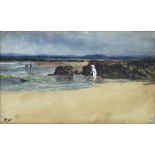 William Percy French (Irish 1854 - 1920) Watercolour: "Beach Scene with Lady in white dress and