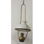 An almost matching pair of Victorian brass Ceiling Oil Lights, each with original milk glass shade,