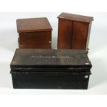 A 19th Century rectangular tin Deed Box, a small mahogany wall hanging Medicine Cabinet,