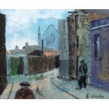 Seamus O'Colmain, (Irish 1925 - 1990) "Dublin Street Scene with Figures," O.O.B., approx.