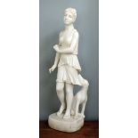 An attractive carved marble Model of a semi-nude Young Girl, with dog, 88cms (34 1/2") high.