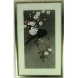 A fine Japanese wood block Print of "A Rook amid flower blossoms," signed Koson, c.