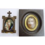 A 19th Century miniature Painting on porcelain, "Virgin and Child," in brass frame,