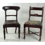 Two antique mahogany Side Chairs, and an Edwardian walnut drop front Piano Stool.