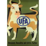 An Advertisement Poster; A large and colourful Poster for "UFA" with an illustration of a cow,